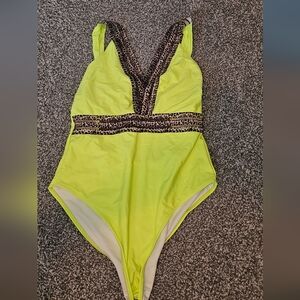 Florescent yellow with leopard trim 1 pc/ deep V neck